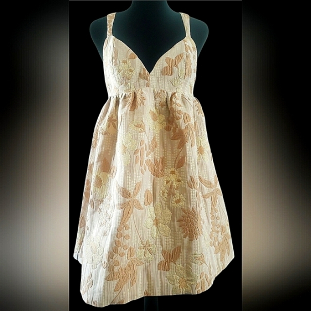 Gold Babydoll Mini Large Floral Embroidered Weekend Events Dress